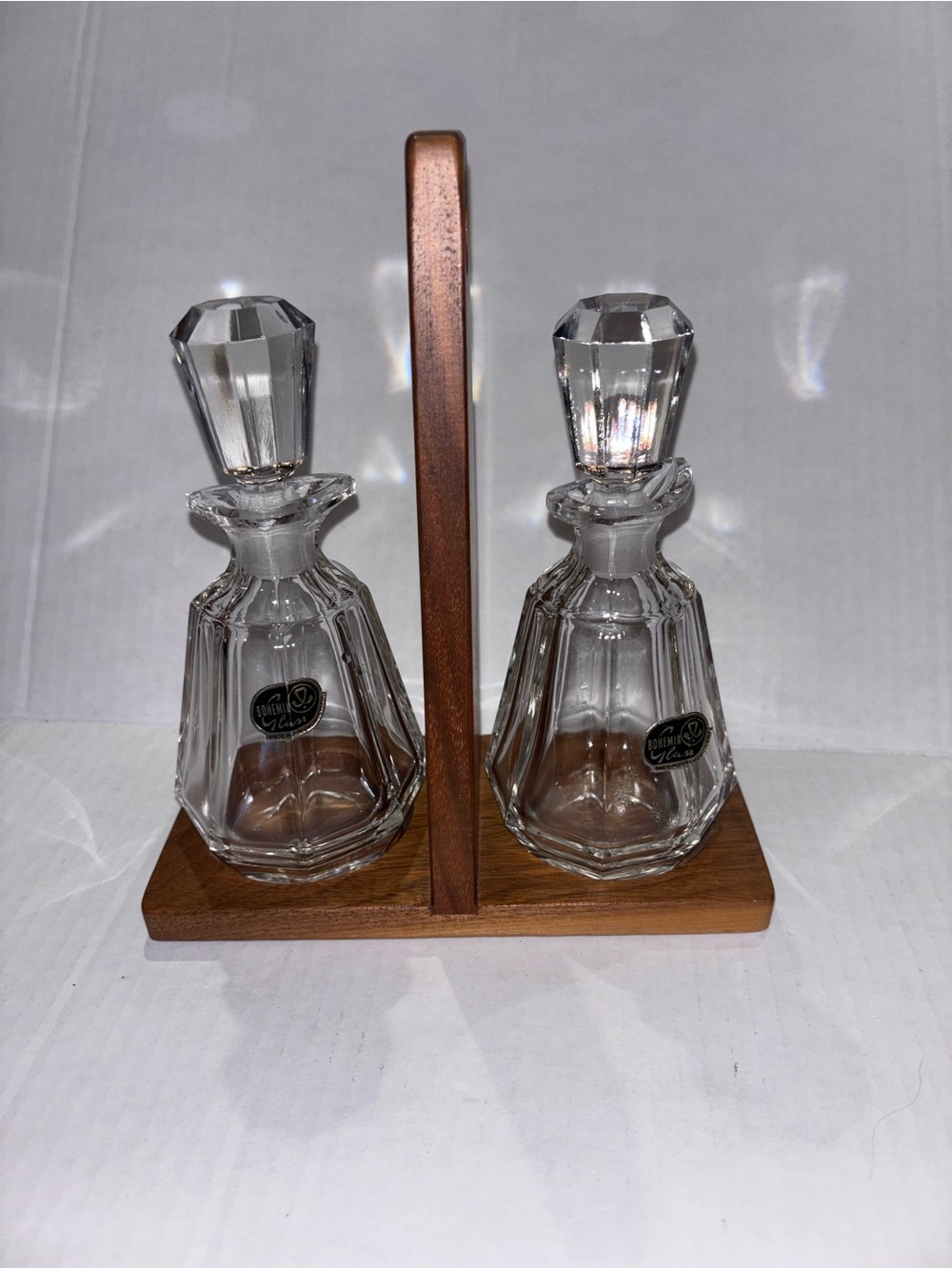 vintage Bohemia Glass Set with Wooden Stand